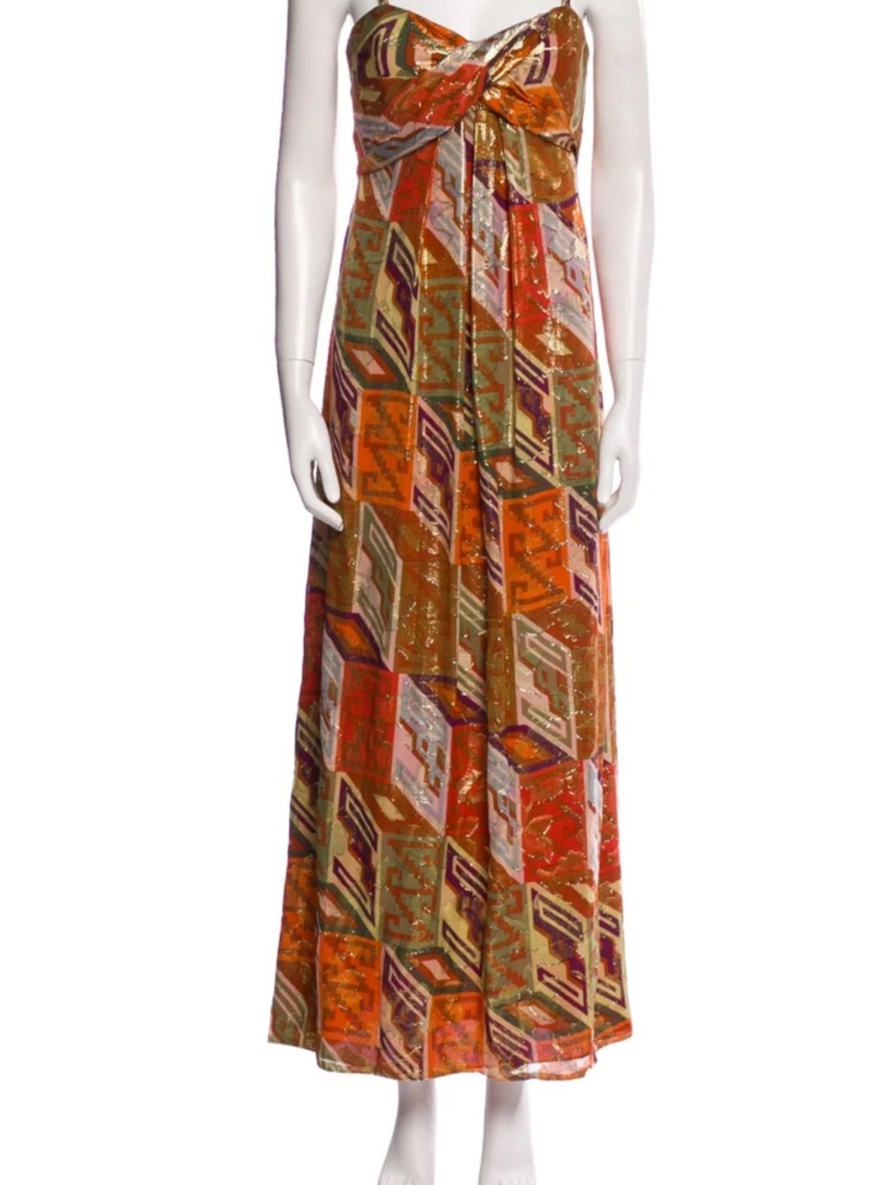Nicole Miller Strapless Geometric Maxi Dress in Orange and Gold